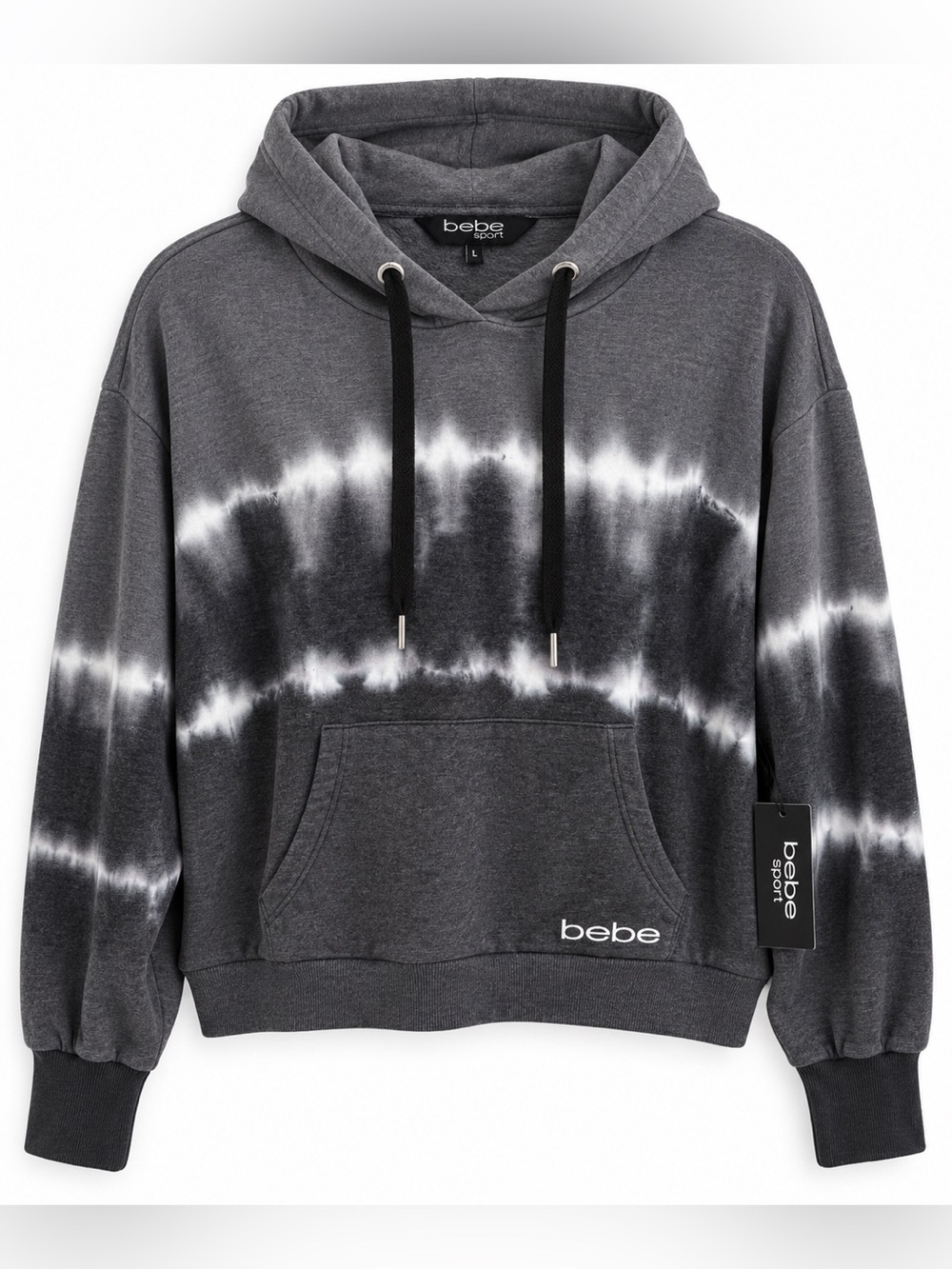Bebe Sport L NWT Gray Tie Dye Pullover Hoodie Y2K Athleisure Logo Sweatshirt